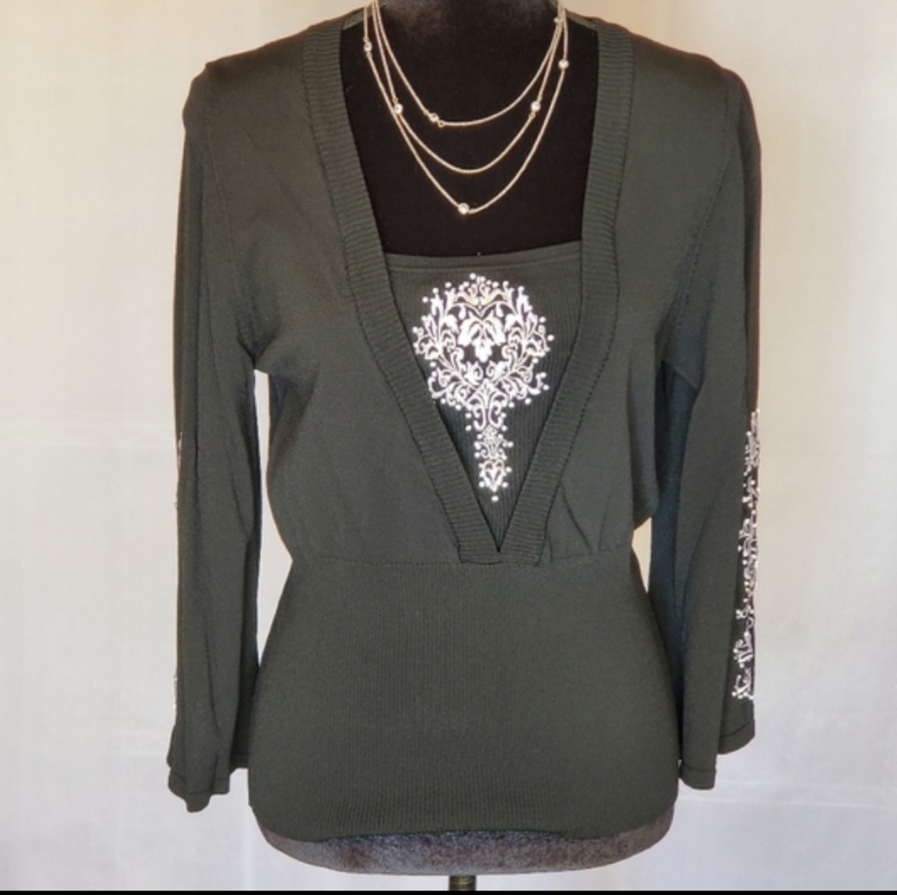 ♡ Vintage Ninety Black High Waist Sweater V-neck Faux Layered Size XL - Picture 10 of 10